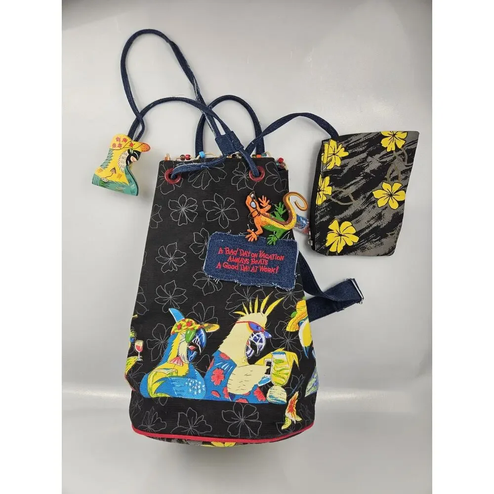CARIBBEANO SOUL Parrot Party Canvas Beach Shoulder Tote Bag‎ + Coin Purse Unworn